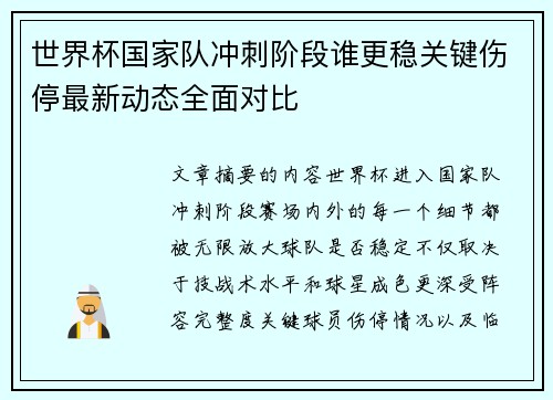 世界杯国家队冲刺阶段谁更稳关键伤停最新动态全面对比